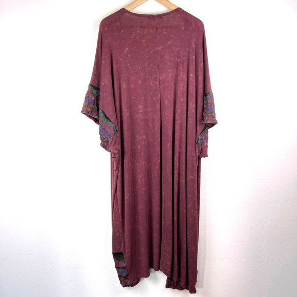 POL Burgundy Embroidered Rayon Kimono Robe Acid Wash Longline One Size Boho - Picture 2 of 8